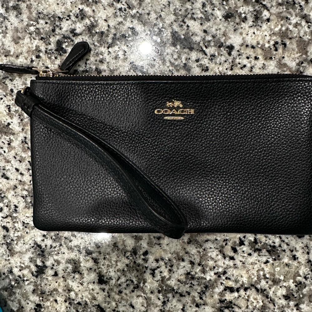 Coach Pebbled Black Wristlet with Gold Accents